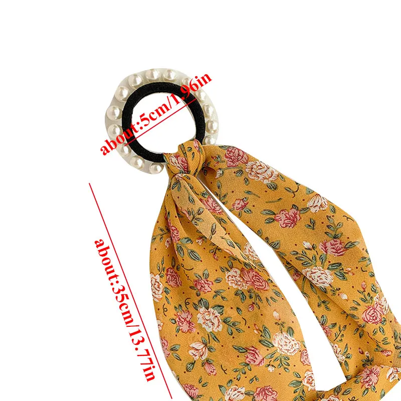 

Satin Silk Elastic Hair Bands Hair Accessories Fashion Pearl Bow Floral Print Scrunchies Hair Ribbon for Women Ponytail Scarf