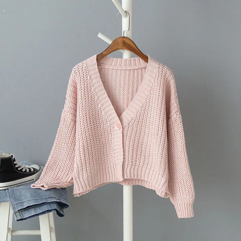 

2021 Autumn Women's Retro Style Solid Color One Button Loose V-neck Knitted Cardigan Sweater Women's Jacket Pink White