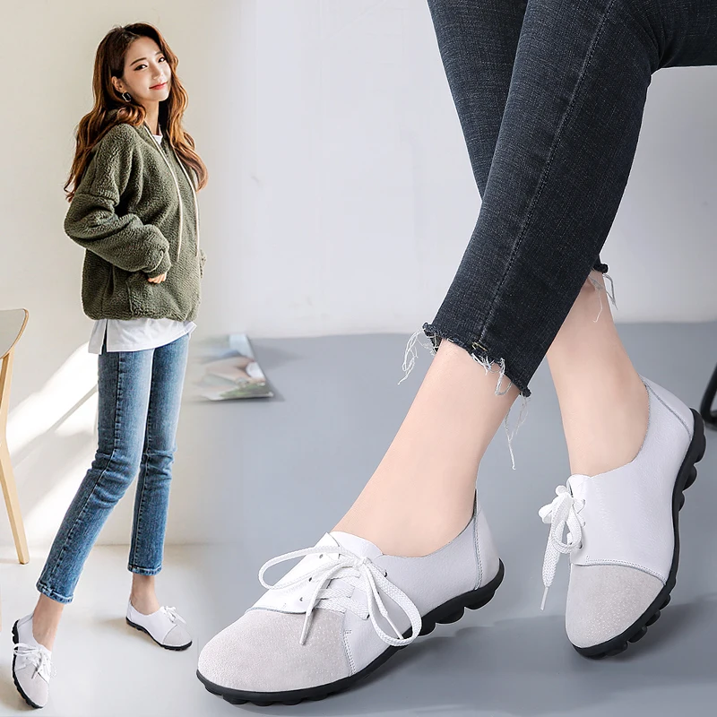 

High Quality Outdoor Lightweight Casual Shoes Women Genuine Leather Flats Garden Loafers Ladies Non-slip Bean Driving Moccasins