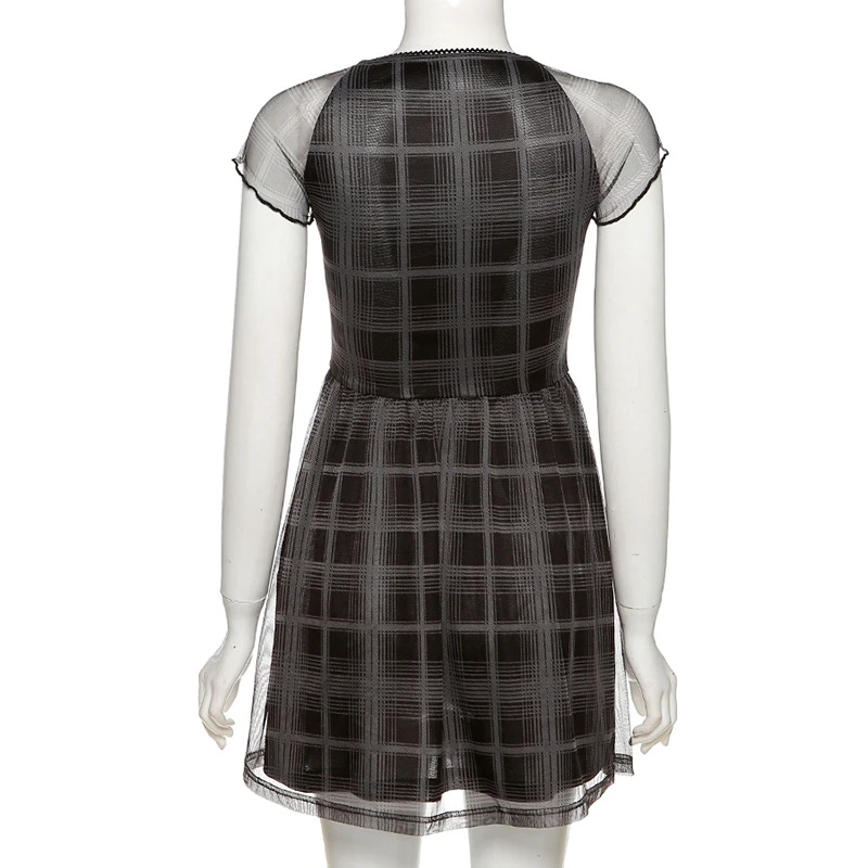 

Lyprerazy Women's V-neck A-line Dresses Summer Short Sleeve Plaid Sexy Dress Female Elegant Office Mini Dress