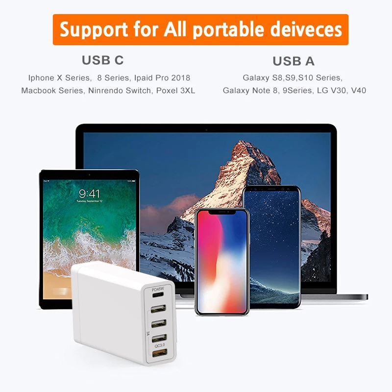 Станция зарядная сетевая с несколькими usb портами 45 Вт 18 5 В 2 4 А|Зарядные