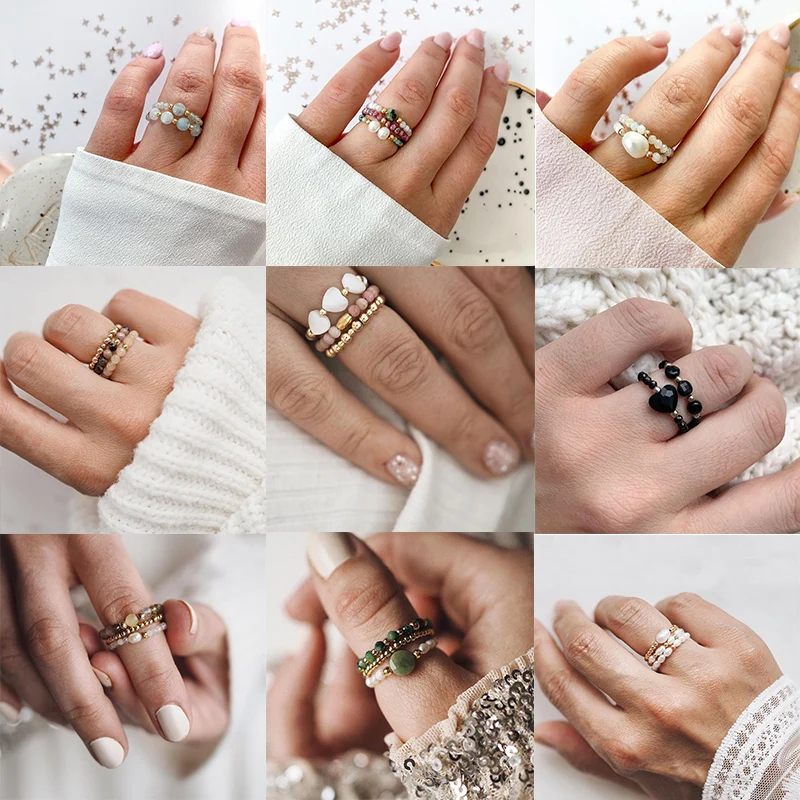 Набор колец в богемном стиле Натуральный камень пресноводный жемчуг