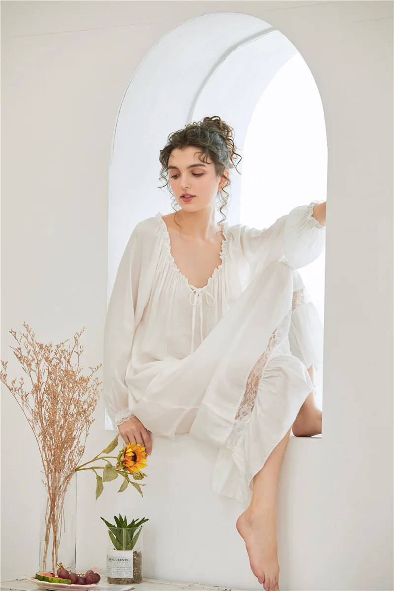 

2021 Spring and Summer New Nightdress Square Collar Hem Stitching Lace Nightgown V-neck Chest Lace-up Sexy Solid Sleeping Dress