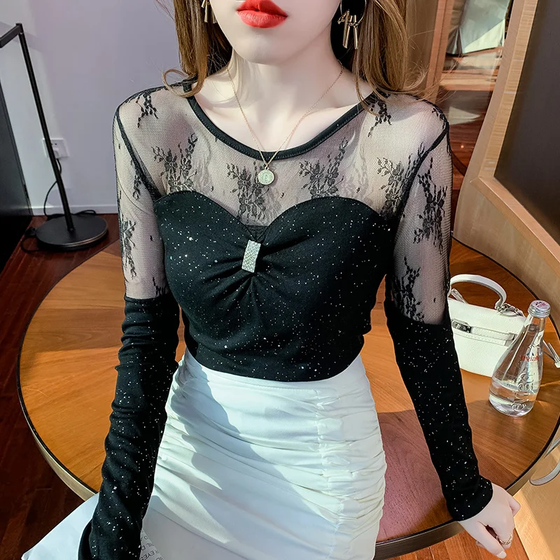 

#8632 Summer Black Spliced Gauze Long Sleeve T Shirt Women O Neck Hollow Out Sexy Skinny See Through Women Tops Korean Fashion