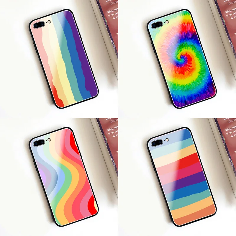 

for oneplus 7 7T pro cases Rainbow simple striped glass phone case
