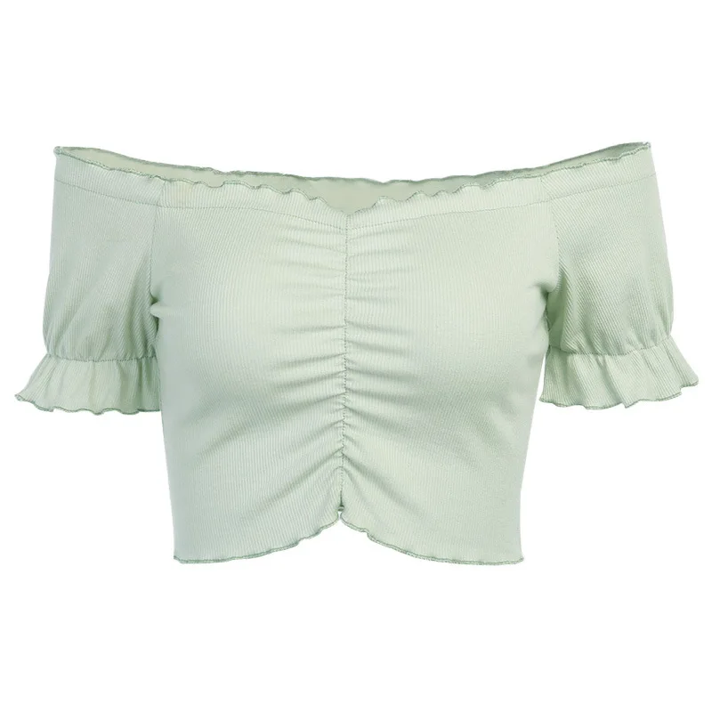 

Women 2021 Summer Off Shoulder Short Sleeve T-Shirt Girls Green Crop Tops Y2K Ruched Tank Top Halter Shirt Casual Party Clothing