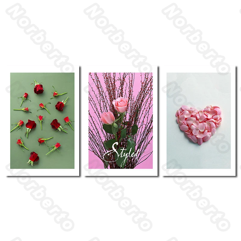 

Nordic Syle Canvas Painting Wall Poster Flower Design and Arrangement Heart-Shaped Flower Petals Rose Buds for Home Rooms Decora