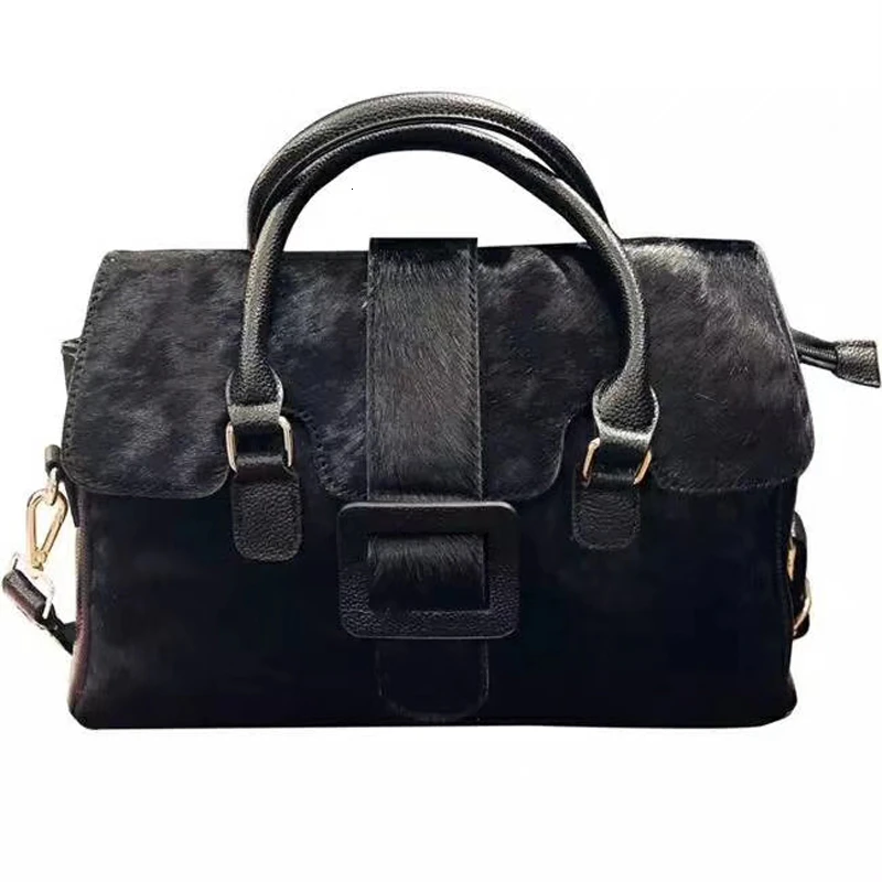 black horse hair Винтажная пряжка на ремне, сумки из воловьей кожи, женская сумка, большая вместительность, Бостонская сумка, женская натуральная кожа, конский волос, сумка-тоут черного цвета - Цвет: black horse hair
