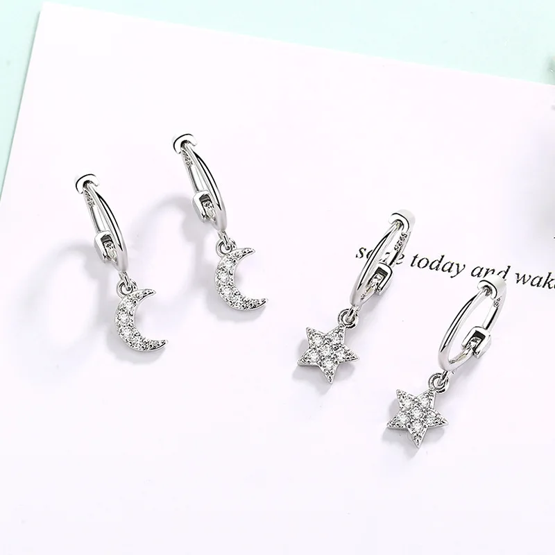 

925 Sterling Silver Crystal Star Moon Stud Earrings For Women Girls Female Wedding Party Jewelry eh1244