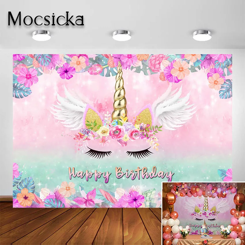 

Mocsicka 7x5ft Unicorn Birthday Backdrop Purple Pink Floral Unicorn Happy Birthday Party Banner Decoration Photo Background