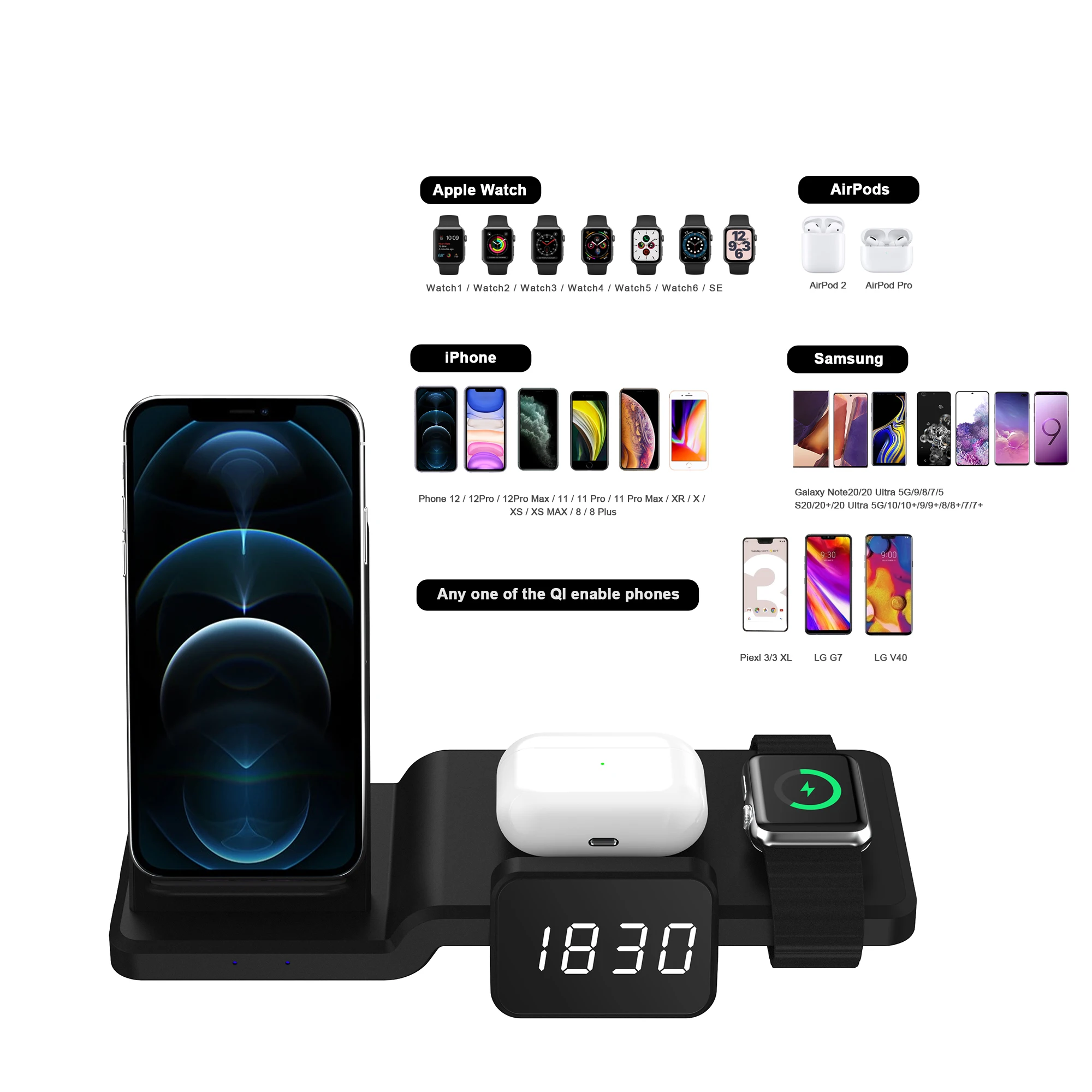 

4 in1 Qi Wireless Charger For Apple Watch 6 5 4 3 2 Fast Charging Dock Station for iPhone 8 Pus X XS XR 11 Pro MAX 12