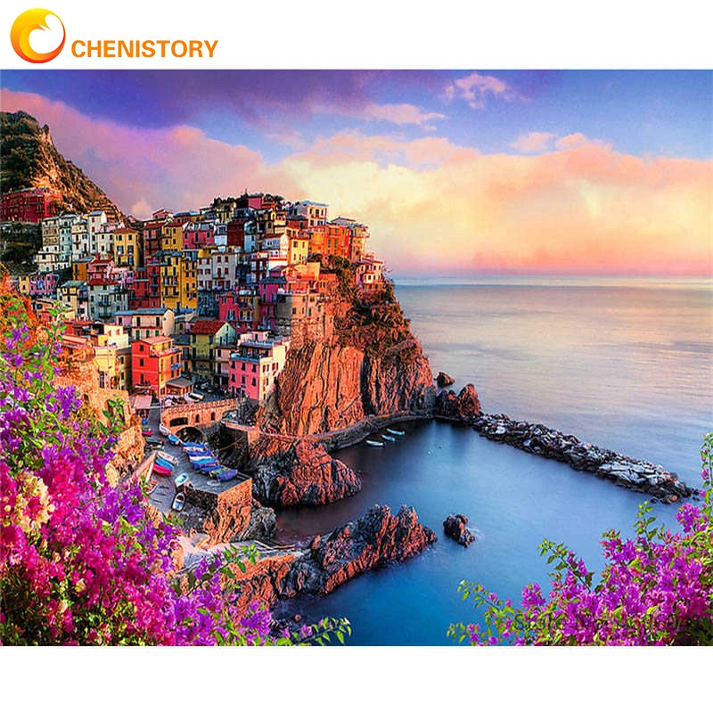 

CHENISTORY Frame DIY Painting By Numbers Landscape Harbor Acrylic Canvas Painting Handpainted Oil Paint By Numbers For Home Art