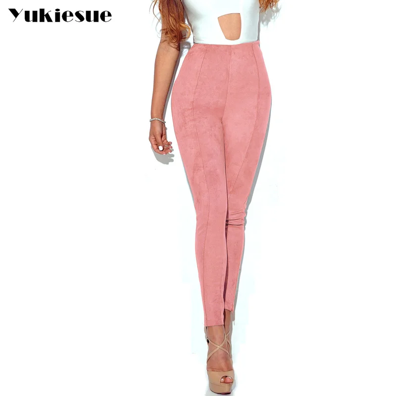 Женские кожаные и замшевые брюки облегающие эластичные карандаш с высокой