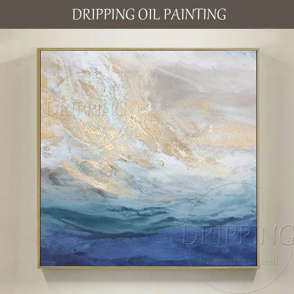 Чистая ручная роспись высокое качество абстрактная светло голубая и Золотая