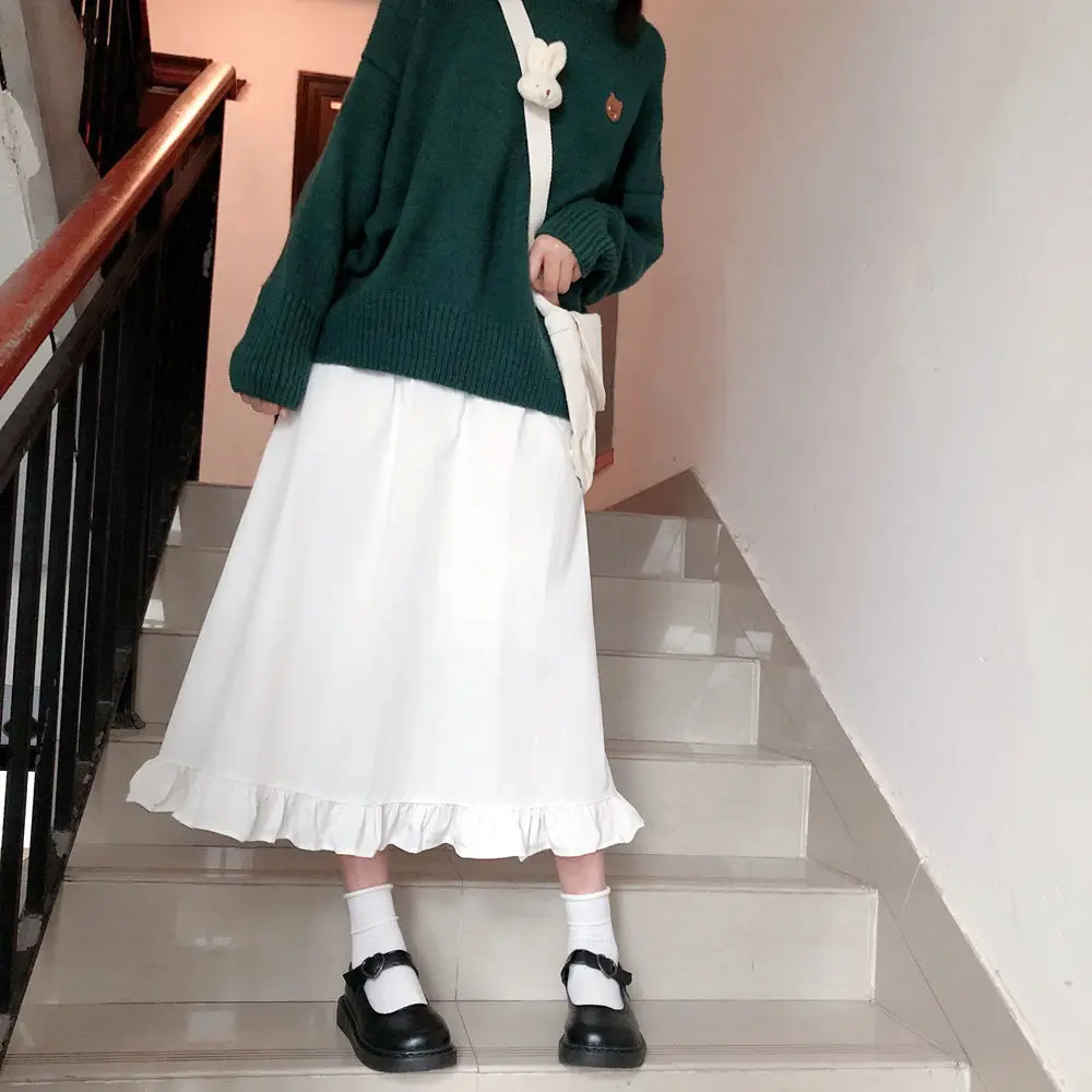

Japanese college wind wood ear high waist versatile skirt female student Korean leisure show thin fairy A-line skirt