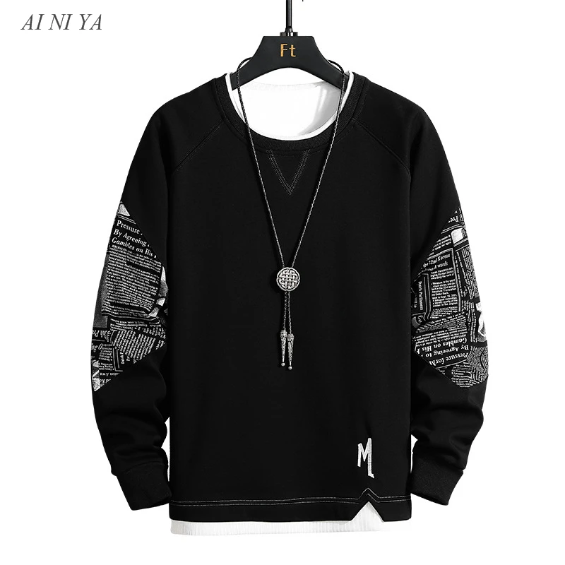 

Patchwork Print Sweatshirts Men 2021 New Harajuku Hoodies with Printed Sleeve Mens Hip Hop Sweatshirt Streetwear Fashion Tops