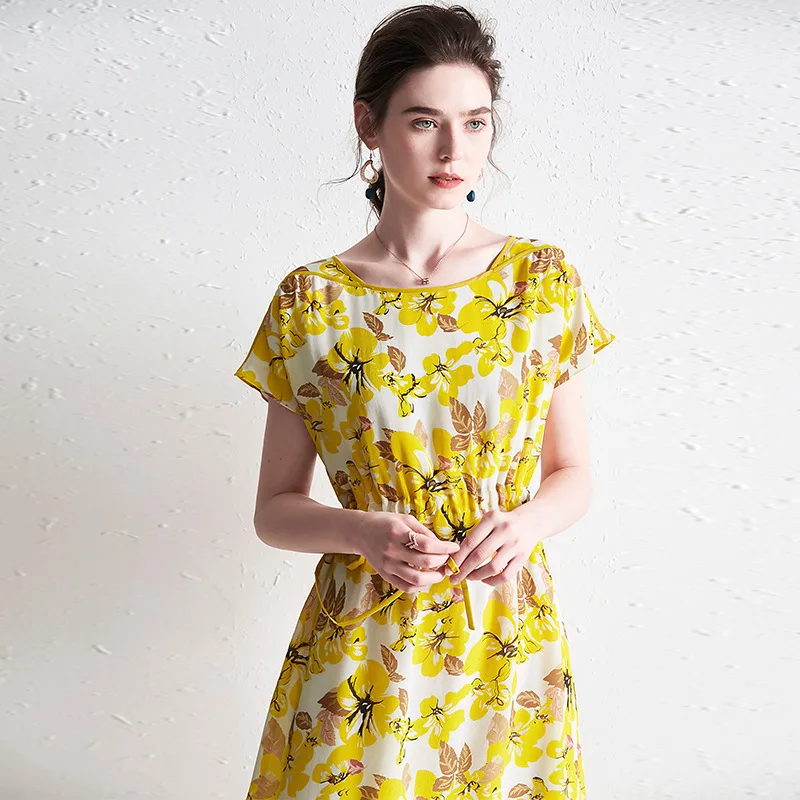 

Silk Dress 100 Percent Mulberry Silk Loose Print European and American High-end Waist Slimming Long Skirt Summer
