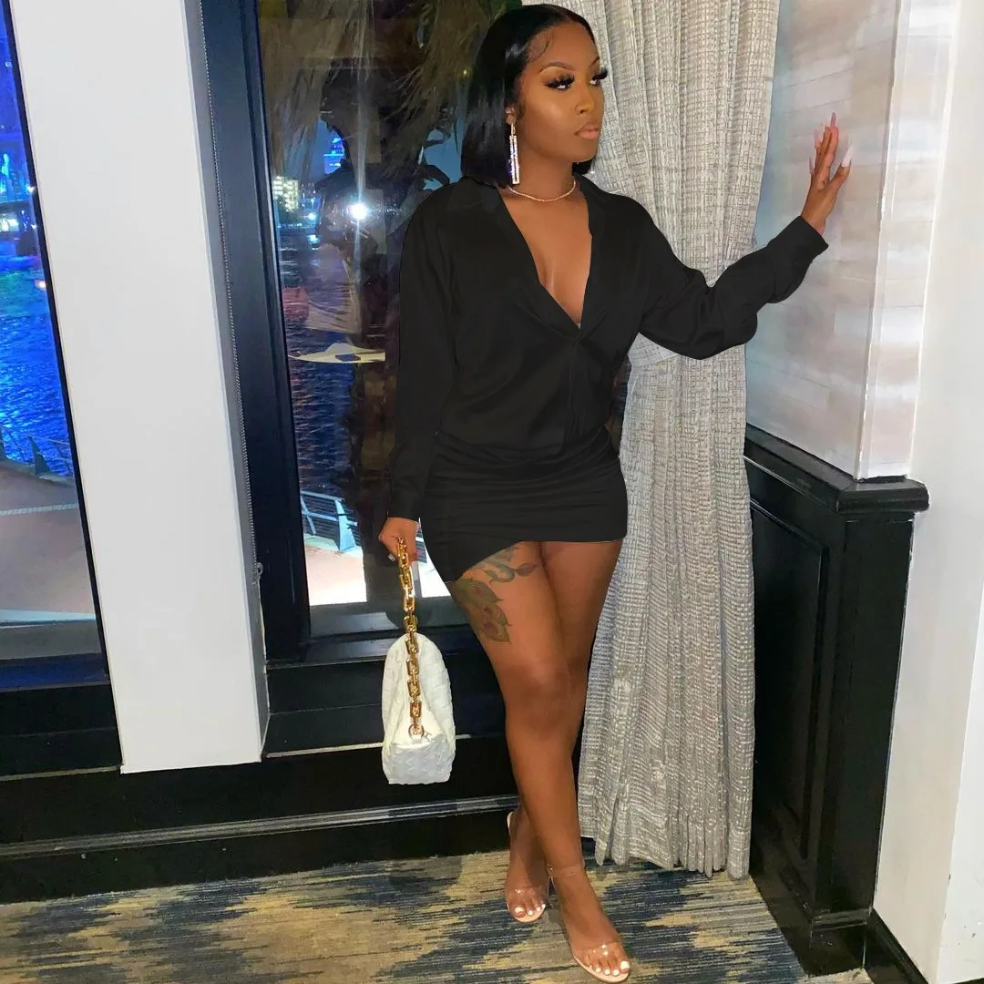 

Chocomist Dresses V Neck Solid Color Long Sleeve Women Mini Dress A8102