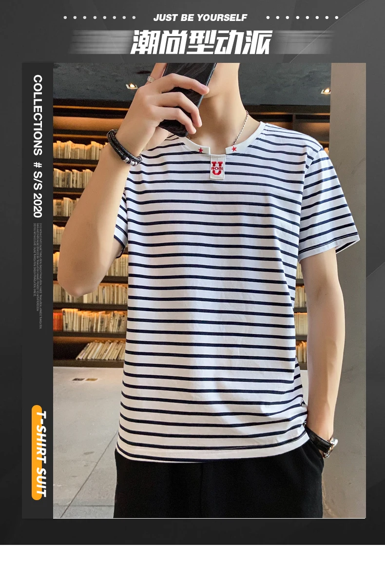 

New style striped striped cotton short-sleeved men's T-shirt five-pointed star top, summer casual men's T-shirt plus size