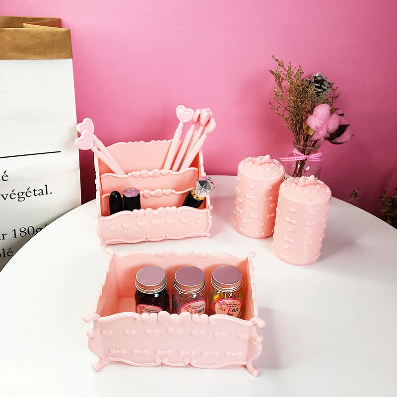 

Candy Jewelry Box Cosmetic Storage Container Plastic Bowknot Desktop Debris Sorting Box Household Storage Collection Appliance