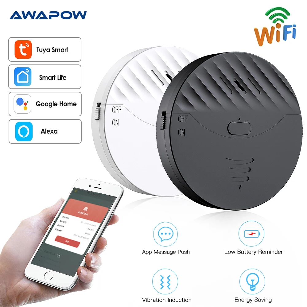 

2022 Awapow Tuya WiFi Vibration Sensor Alarm Window Door Wireless Vibration Detector 130dB Sound For Home Security Anti Theft