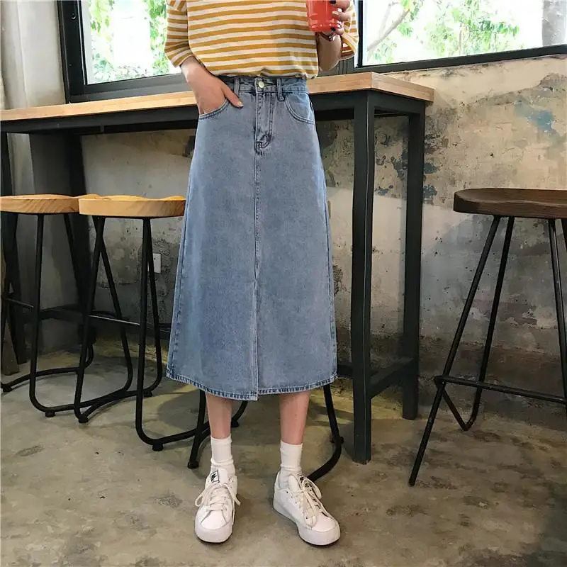 

Summer Korean chic high waist thin and versatile skirt women's Retro Hong Kong Style split middle long A-line cattle