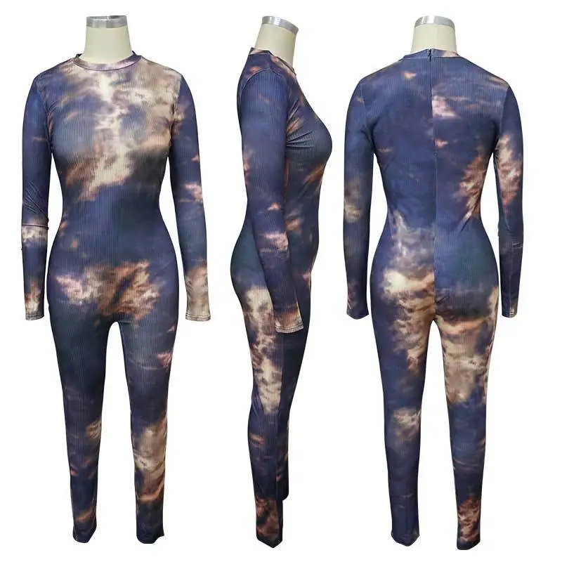 

Women Sexy Bodycon Jumpsuits Long Sleeve Crew Neck Tie Dye Print One Piece Large size pit strip print sexy leggings