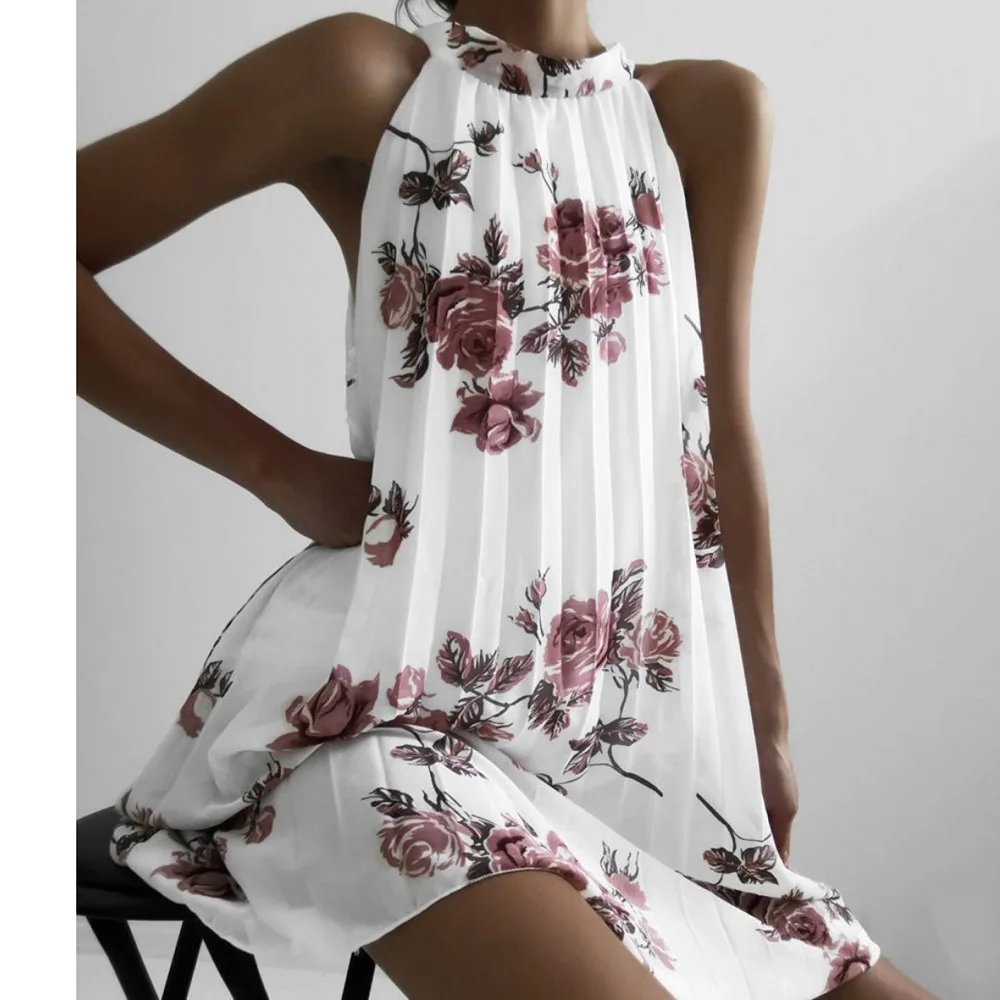 

Summer Floral Print Sandbeach Vintage Dress Women Sleeveless Pleated Short Mini Sundress Female Sexy Boho Robes Fashion Vestido
