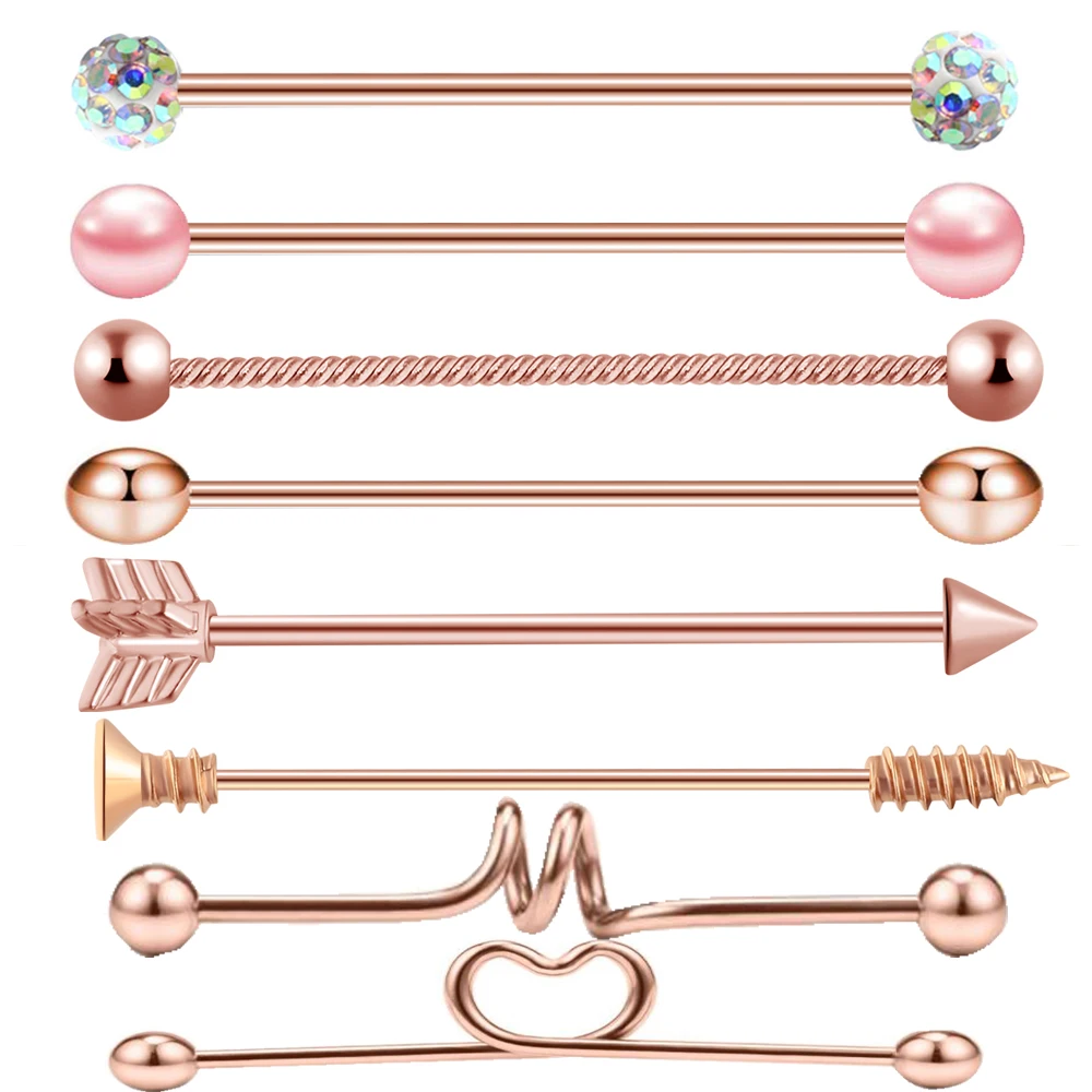 rose set TIANCIFBYJS 14 г 1-8 шт нержавеющая сталь промышленные серьги-гантели сердце стрелка радуга ушной хрящ хеликс-раковины пирсинг ювелирные изделия - Окраска металла: rose set