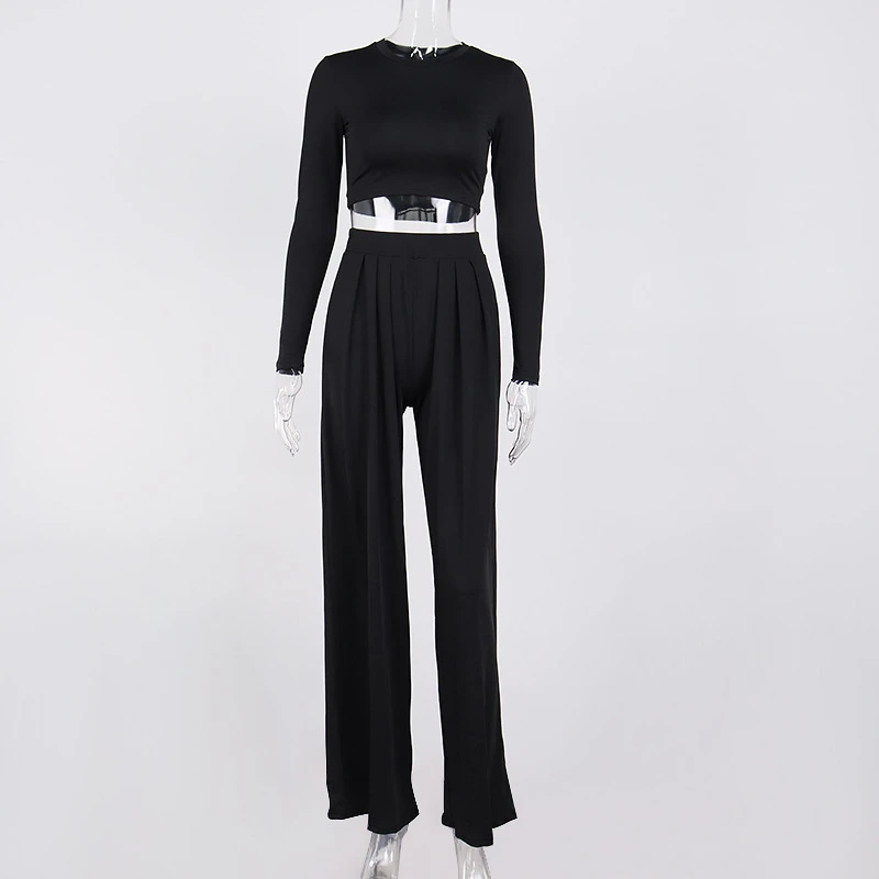

2021 Spring O-neck Pullover 2 Piece Sets Women Solid Short Top Loose Pants Women Spring Casual Patchwork Long Sleeve Street Sets