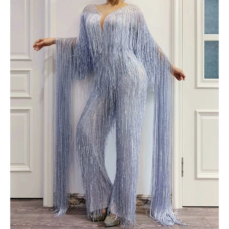 Женский комбинезон с бахромой серебристо серый кисточками для празднования дня