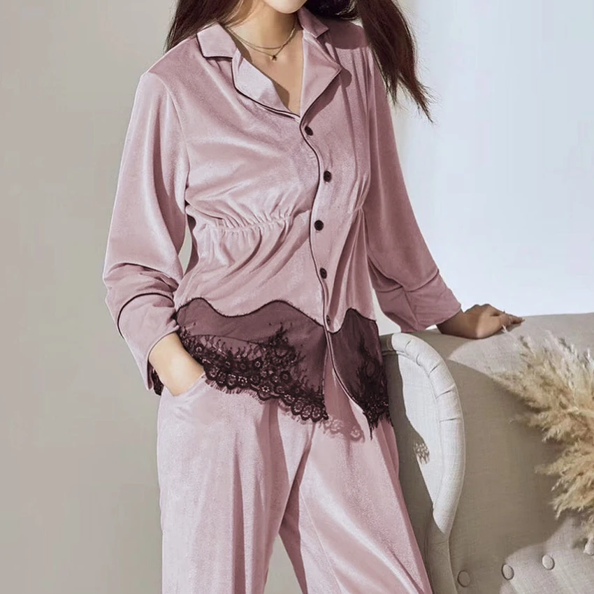 

Кружевная Лоскутная Пижама Restve для женщин, комплект из 2 вельветовых топов с длинным рукавом, Женская Осенняя повседневная трикотажная одеж...