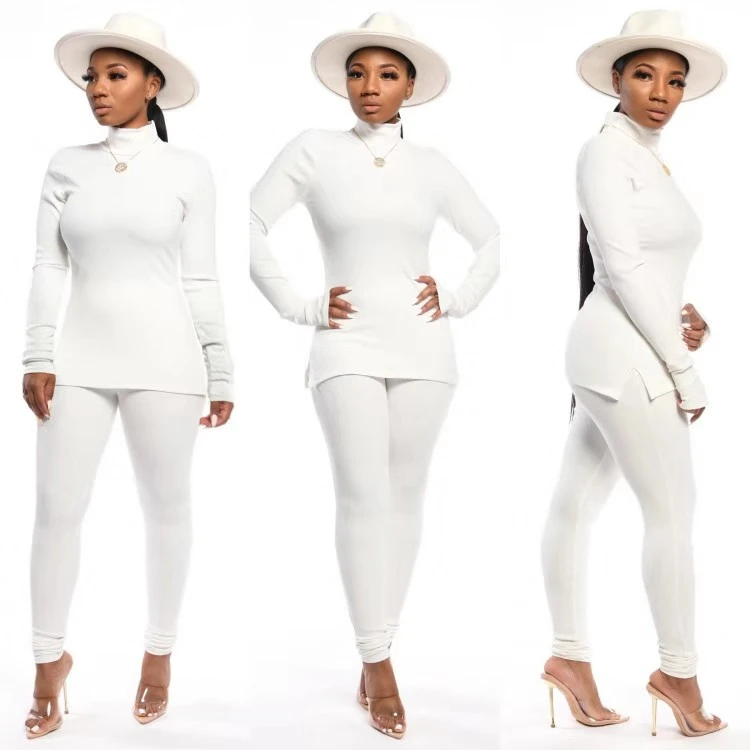 

Cutubly Solid Cotton Two Piece Set Long Sleeve Womem'S Set Outfits Casual Turtleneck Pullover Pencil Pants Suit Tracksuit