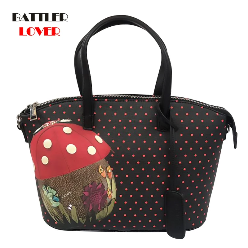 

Patchwork Embroidery Handbags For Women Shoulder Messenger Bag Female Big Tote Ladies Cartoon Wave Point Mushroom Print Purses