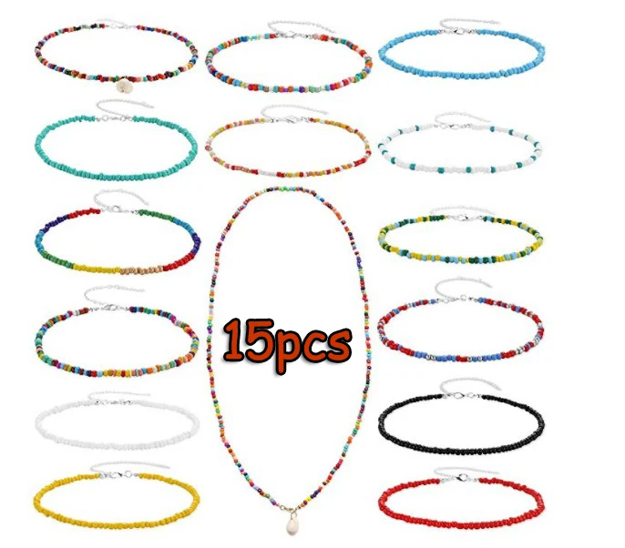 15PCS Visco, колье из бисера, крошечное колье из бисера, бохо, цветное колье, ожерелье на цепочке, ювелирное изделие для женщин и девушек, регулируемое - Окраска металла: 15PCS