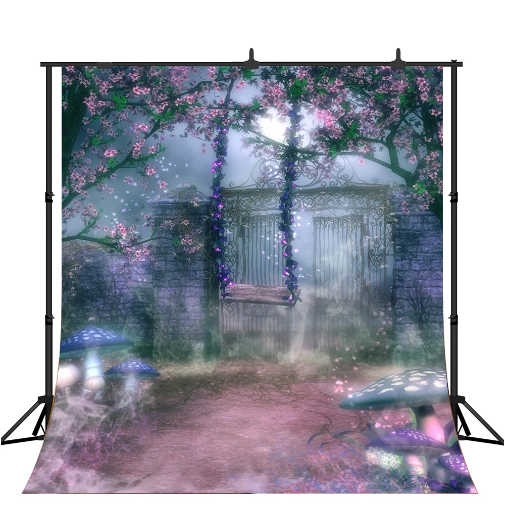 

Lyavshi Fairy Tale Garden Photography Backdrops Children Backgrounds Photo Studio Mushrooms Swing Flowers Photo Background