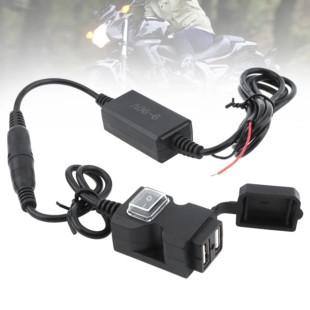 

9V-90V DC 5V 2.1A 1A Double USB Charger Adapter Waterproof Motorcycle Charger with Switch Button and Two Kinds Base Brackets