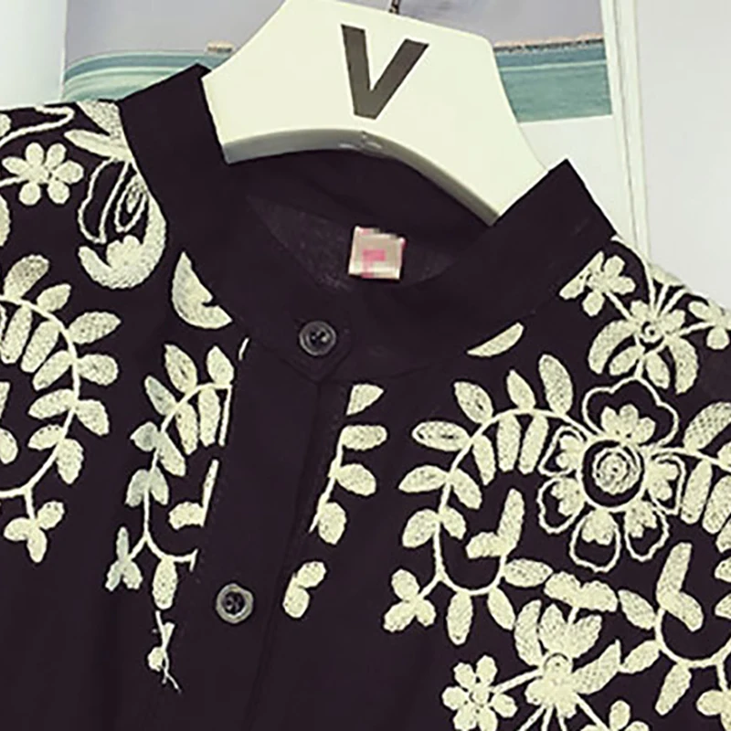 Korean Women Long Sleeve Stand Collar Shirt Loose Embroidery Flower White Plus Size Women's Clothing |