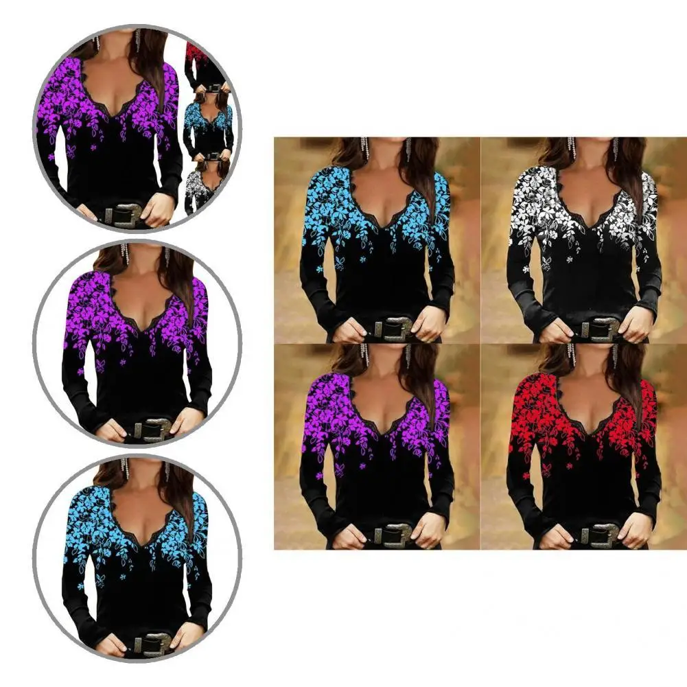 

Lace Patchwork Spring Autumn Simple Flower Pattern T-shirt for Office