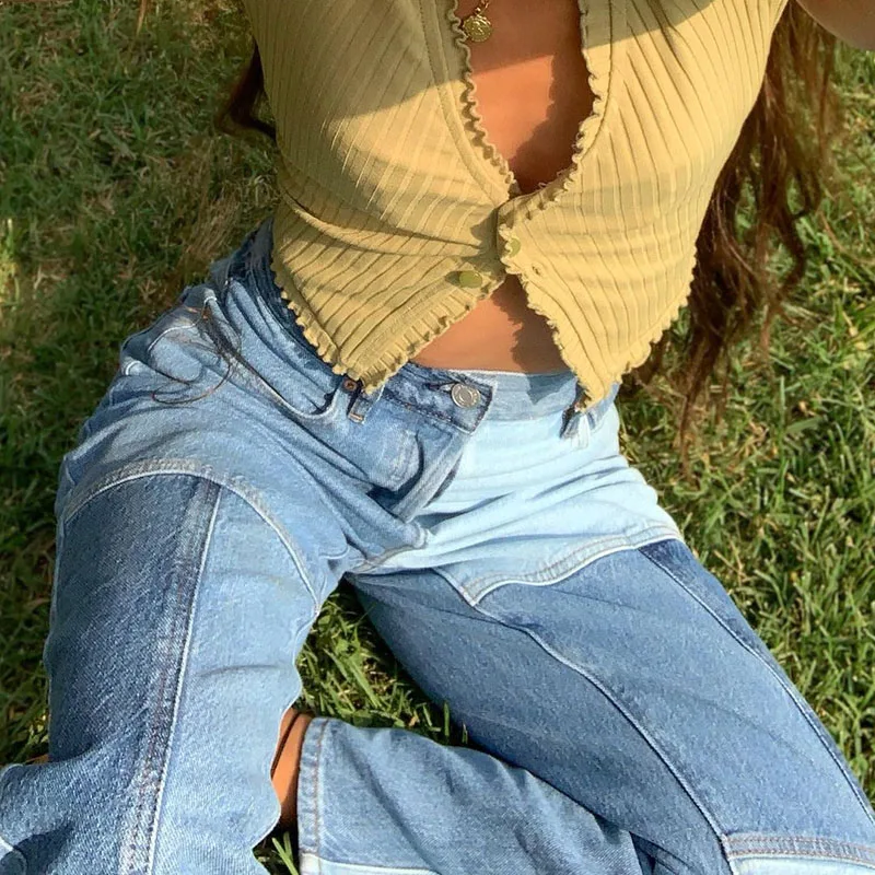 

Weekeep Patchwork Streetwear Colorful Denim Trousers Vintage Cargo Pants Women Korean Straight Jeans Harajuku Female Capris Long