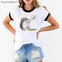 cute hedgehog loves dandelion print t shirt womens clothing funny white tshirt female summer tops tee shirt femme streetwear