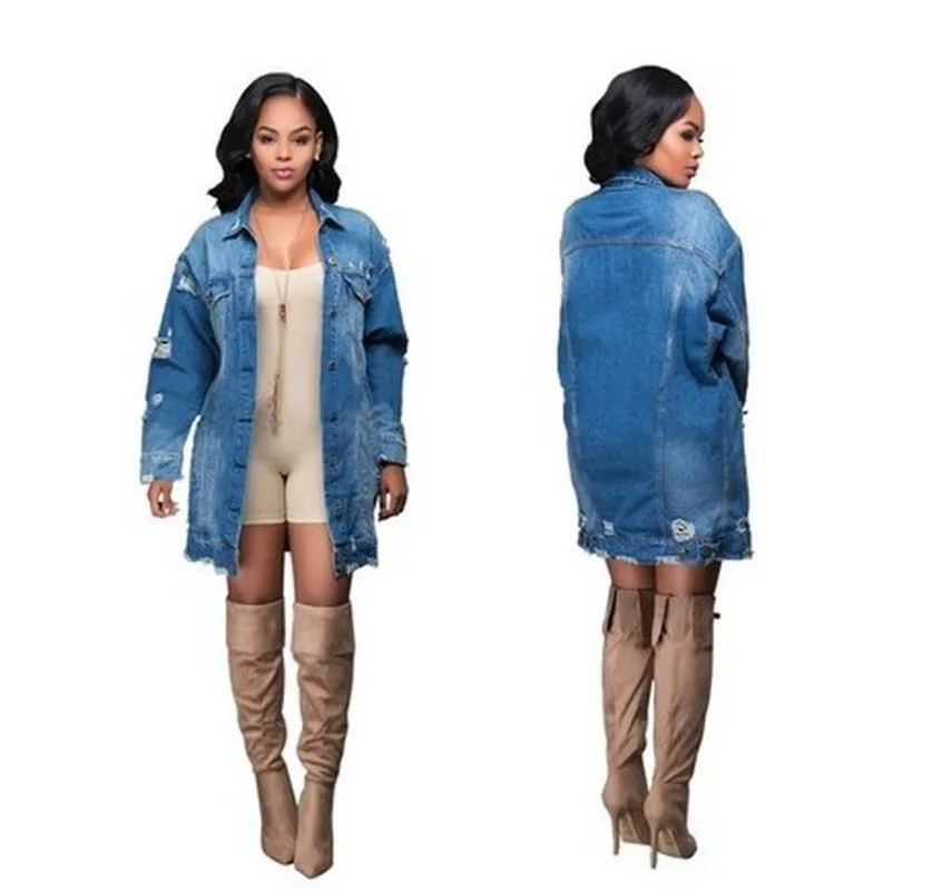 

2021 New Stylish Women's Coats Denim Long Coat Jeans Coat Fashion Hole Jacket Female Loose Casual Streetwear Blue Outwear Long