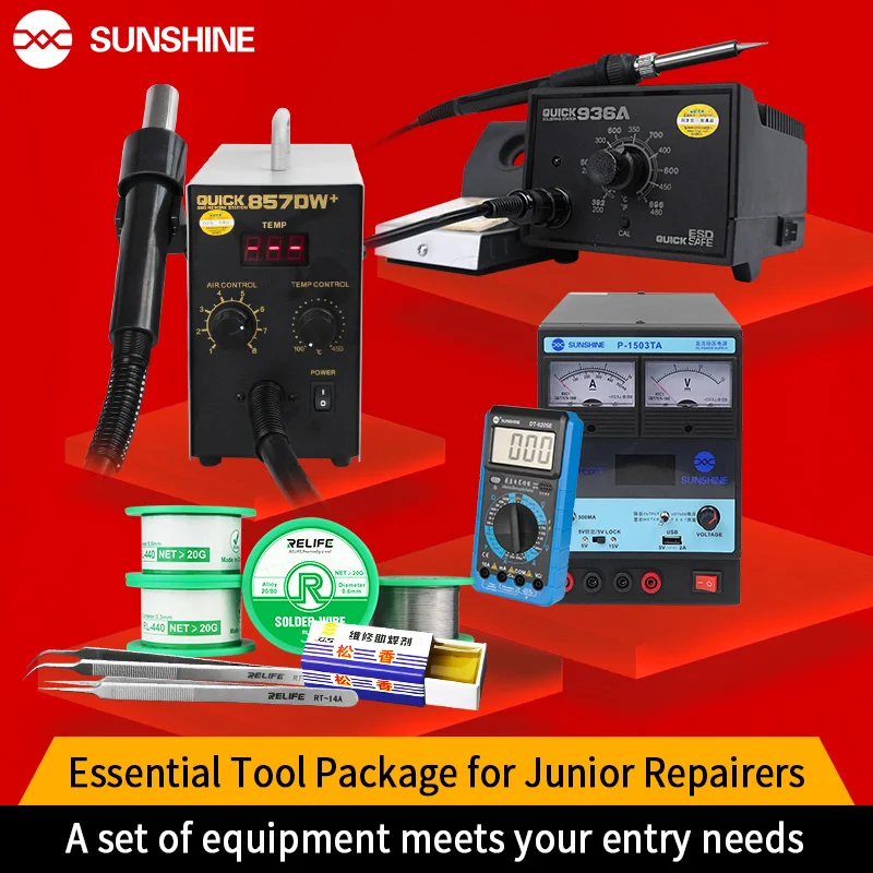 

Быстрый 857DW + паяльная станция + 936A паяльная станция + P-1503TA DC Питание для незаменимый инструмент посылка для младших ремонтных