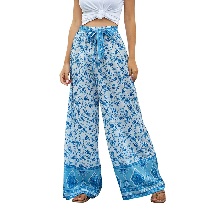 

2021 Summer Bohemian Women Wide Leg Pants Vintage Printing Casual Lace Up With Belted Drawstring Ladies Boho Beach Pant