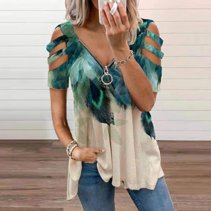 

Summer Plus Size Blusa Women Strapless V Neck Print Sexy Deep Low Cut Tops Blouse Shirt Out Zipper Short Sleeve Casual Pullover