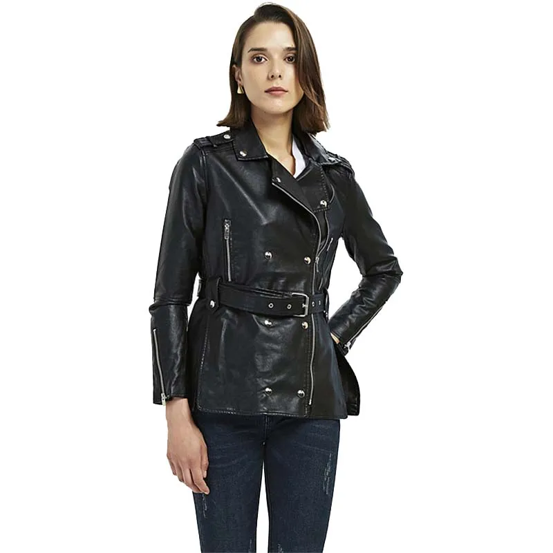 

Slant Zipper Double Breasted Black Faux Leather Biker Jacket for Women Punk Rock Ladies Belted Moto PU Leather Jacket
