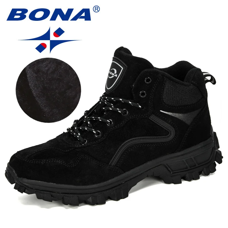 Black Silver Gray BONA/Новинка; Замшевые мужские треккинговые ботинки; зимние ботинки для альпинизма; мужские высокие кроссовки для альпинизма, кемпинга, охоты, бега, ходьбы; плюшевая обувь - Color: Black Silver Gray