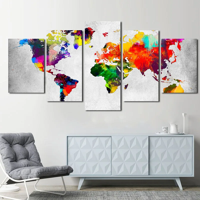 

HD Poster Modern 5 Panel Colorful World Map Landscape Canvas Painting Wall Art Print For Living Room Home Decoration No Frame