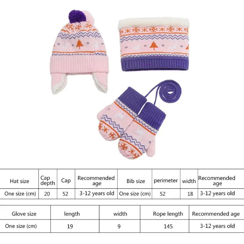 

Toddler Kids Christmas Contrast Color Pompom Earflap Beanie Hat Scarf Gloves 3 Pieces Set Snowflake Deer Print Warmer