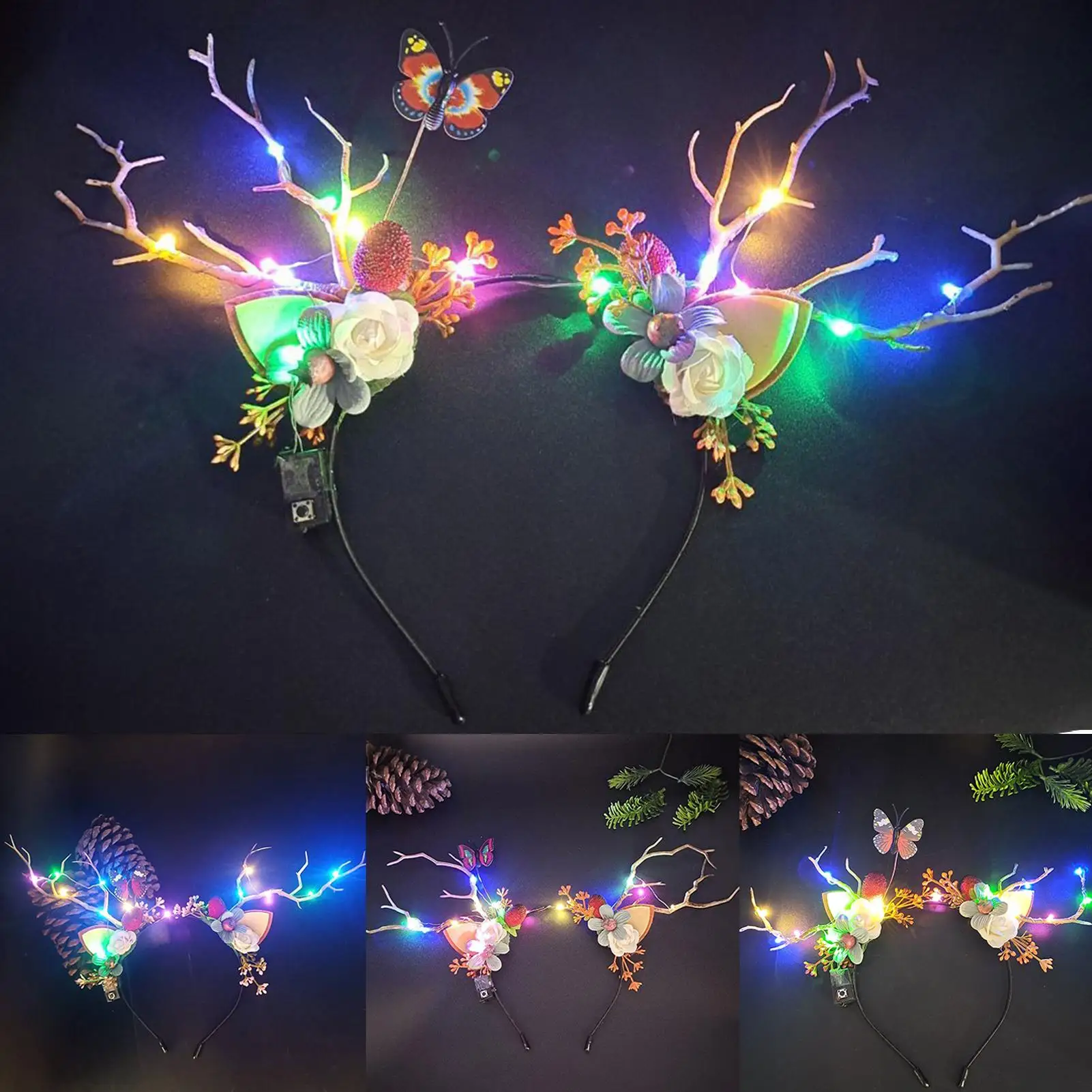 

Luminous Antler Headband Christmas Elk Flower Hairband Flash Light Headwear